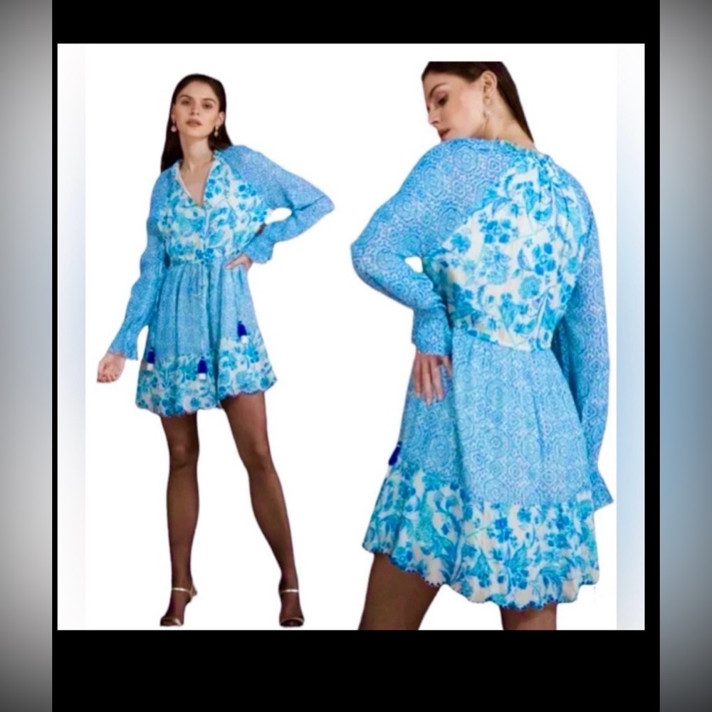 House Of Harlow 1960 Mini Baby Doll Dress Ruffled Cuffs Blue & White Size XS NWT